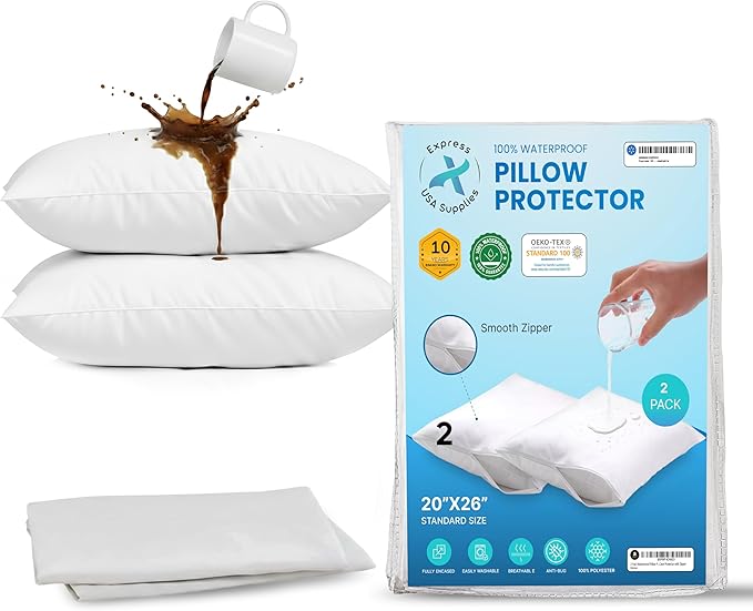 Set of 2 Standard/Queen Waterproof Pillow Protectors - Temperature Balancing, Allergist Recommended - Premium Breathable, Zippered Protectors (White)