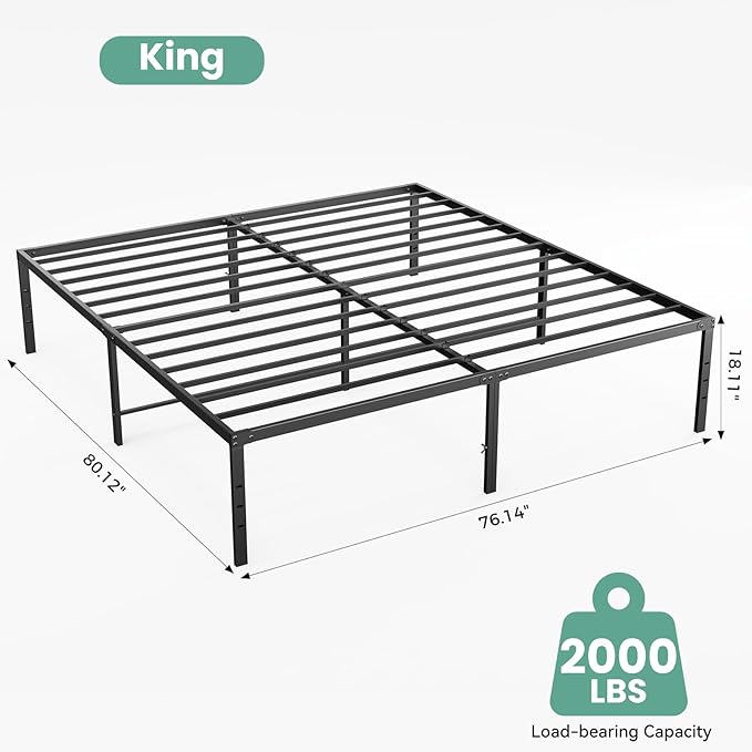 OLIXIS King Bed Frame, Heavy Duty Sturdy 18 Inch Metal Platform Bed Frames, Enhanced Stability & Noise-Free, Under-Bed Storage, No Box Spring Needed, Easy Assembly