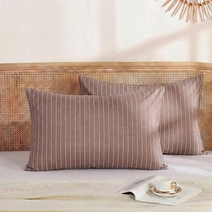 Merryword Brown Striped Pillowcases, 100% Cotton Pillow Cases, King Size Pillowcases, Luxury Linen Like Pillowcase, Soft Breathable Pinstripe Pillow Covers, Set of 2