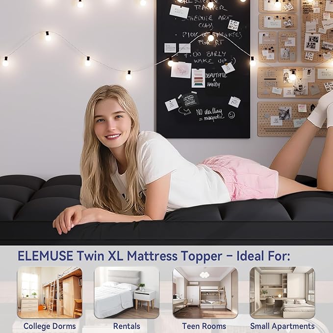 ELEMUSE Twin XL Black Mattress Topper for Dorm Bed, College Dorm Room Essentials for Girls&Guys, Soft Comfortable Bed Upgrade for Back to School, Apartment&Rental Use