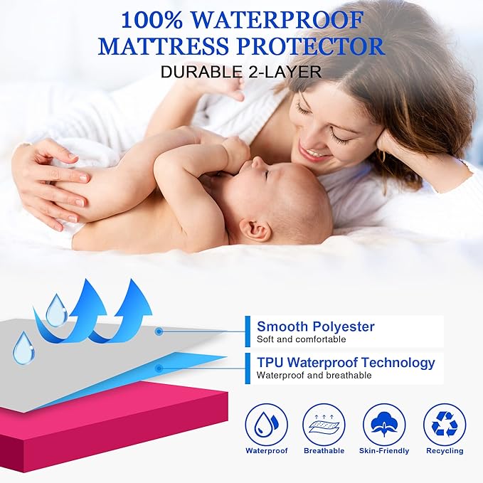 Sufdari Twin XL Mattress Protector,Waterproof Mattress Protector,Fitted Sheet Style Mattress Cover with 18" Deep Pocket,Washable and Comfortable-Deep Pink,Twin XL