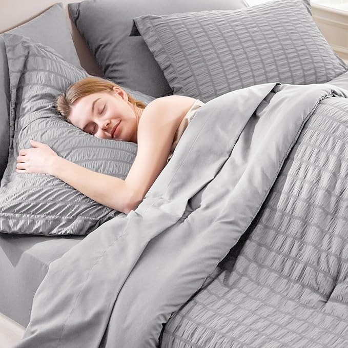 CozyLux Full Size Comforter Sets with Sheets 7 Pieces, Grey Seersucker Bed in a Bag Textured Luxury Soft Bedding Set with Down Alternative Comforter, Sheets, Pillowcases & Shams for All Season, Gray