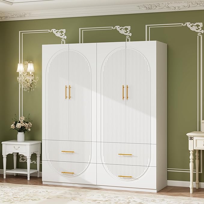 Wardrobe Armoire Closet with 4 Door Shelves 4 Drawers and Hanging Rod Wooden Storage Cabinet for Bedroom White Tall Armoire Wardrobe