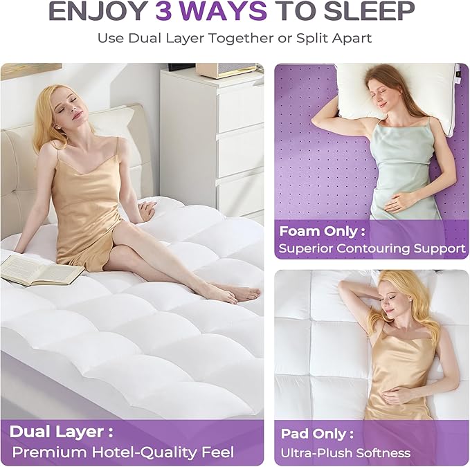 SINWEEK Dual Layer 5 Inch Memory Foam Mattress Topper Full Size, 2 Inch Gel Memory Foam Plus 3 Inch 1450 GSM Double Bed Pillow Top Mattress Pad Cover, White