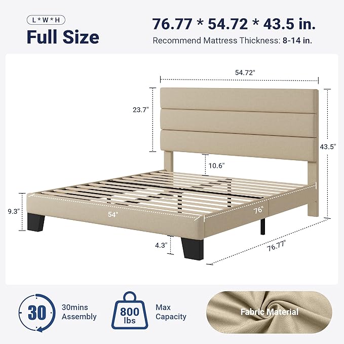 Allewie Full Size Platform Bed Frame with Fabric Upholstered Headboard and Wooden Slats Support, Fully Upholstered Mattress Foundation/No Box Spring Needed/Easy Assembly, Beige