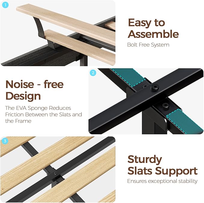 Rolanstar Bed Frame Queen Size with Charging Station, Bookcase Headboard Bed with LED Light and Sliding Doors, Platform Bed with Wooden Slats, No Box Spring Needed, Noise Free, Black