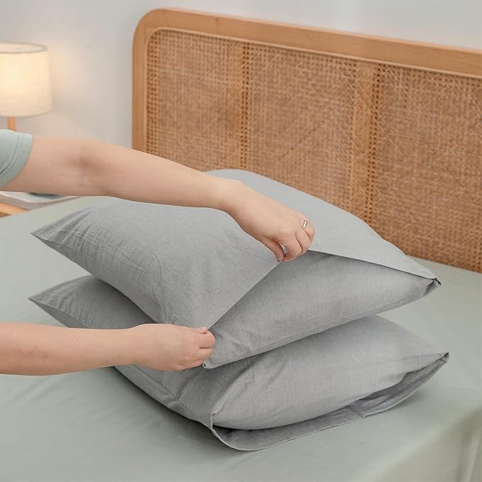 BESTOUCH 100% Washed Cotton Pillowcase for Hair and Skin Linen Feel Soft Comfortable Breathable 2 Set Pillow Case with Envelope Closure Solid Light Grey King 20x36 Inches