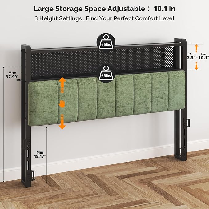 VINGLI Chenille Green Upholstered Bookcase Headboard Only Full Size Height Adjustable Headboard with 2 Tier Shelves, LED Lights and Charging Station for Bed, Bedside Storage