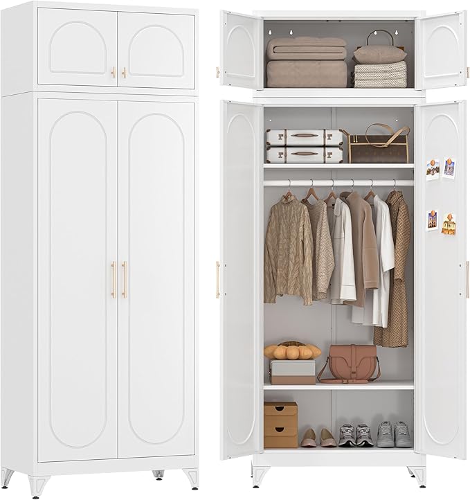 86" Metal Wardrobe Cabinets,Armoire Wardrobe Closet with Hanging Rod,Clothes Storage Cabinet with Adjustable Shelves and Doors,Clothing Cabinet for Bedroom, Office, Laundry Room