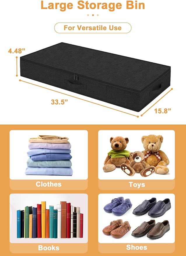 punemi 4.5 Inches Tall Under Bed Storage Containers, Low Profile Underbed Clothes Storage Organizer Bin with Sturdy Side & Bottom, Use as Shallow Dorm Storage Under Bed, Black, 2 Pack