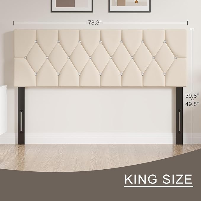 VECELO Tufted Upholstered Headboard King Size, with 6 Adjustable Height from 39.8" to 49.8", Button Diamond Design, Easy Assembly, Beige