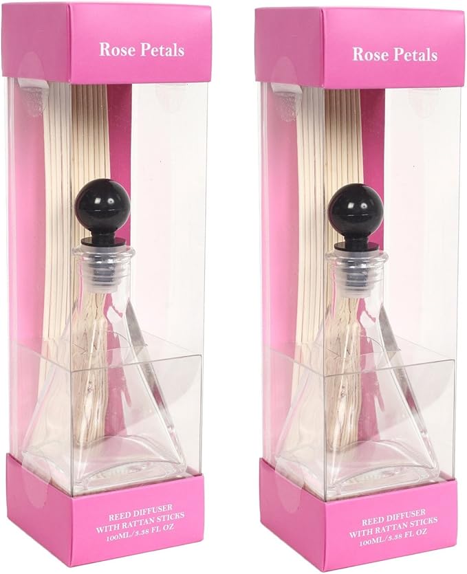 Hosley Reed Diffuser Set of 2 – 3.4 oz Rose Floral Petals Scented Oil Diffuser with Reeds Long Lasting Home Fragrance for Bathroom, Bedroom, Office, Meditation, Wedding Gift & Shelf Decor
