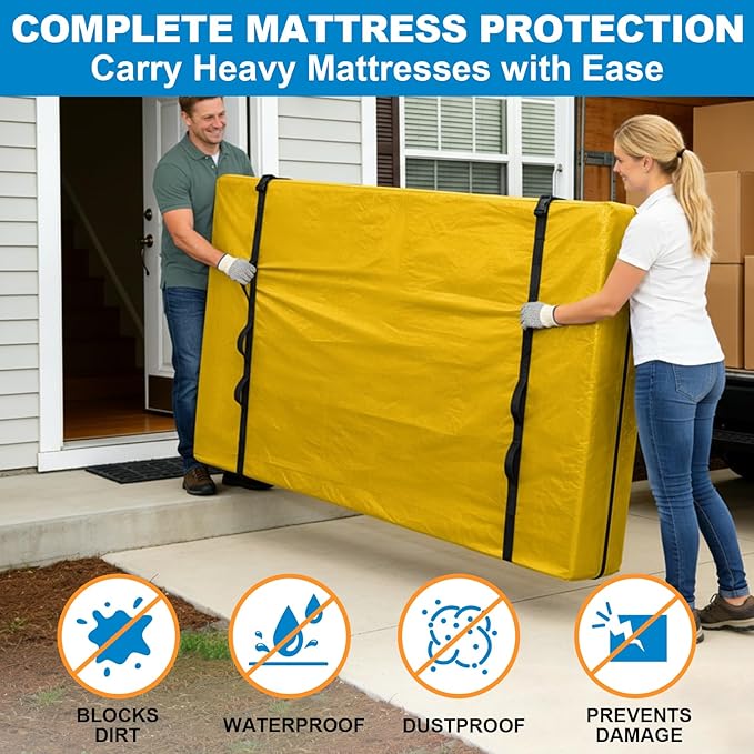 TICONN Mattress Bags for Moving, Heavy Duty Full Mattress Cover Storage Bag with Full-Around Handle and Adjustable Buckles (Yellow, Full)