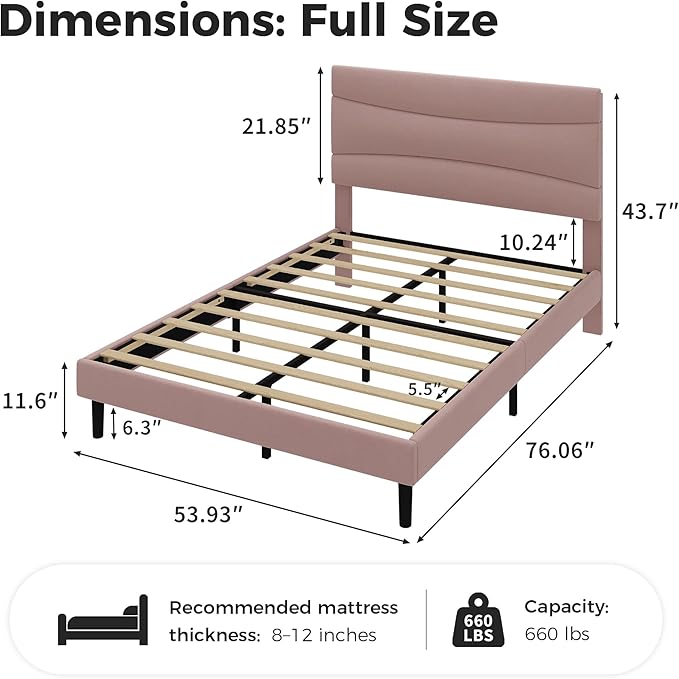 GarveeHome Full Modern Upholstered Bed Frame with Soft Padded Headboard,Sturdy Metal Steel Slat Support, Noise-Free Quiet Design,Easy Assembly,Heavy Duty Stable Bed Frame(Pink)