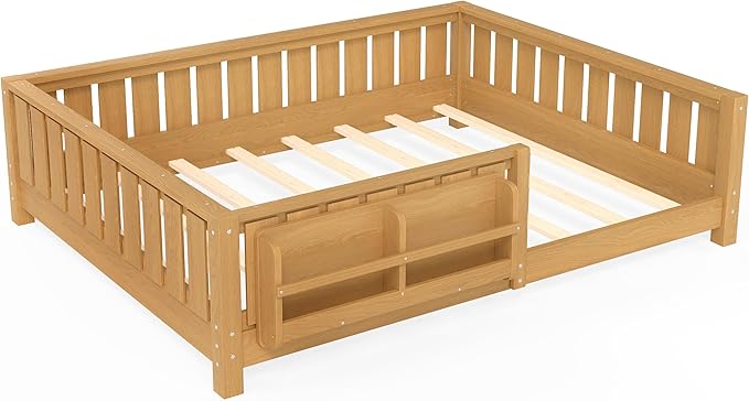 Bellemave Full Size Kids Montessori Bed with Bookshelf,Solid Wood Full Floor Bed Frame with Fence and Slats for Girls Boys,Low-Profile,Light Natural