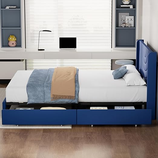 VECELO Queen Bed Frame Upholstered Platform with 4 Drawers&Fabric Headboard,Wooden Slats Support/No Box Spring Needed/Mattress Foundation,Dark Blue