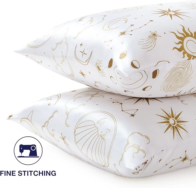EXQ Home Satin Pillowcase Silky Satin Pillowcase for Hair and Skin,Soft Cooling Printed Pillow Cases Queen Size Set of 2 Satin Pillow Case for Women with Envelope Closure (White Moon,20X30inch)