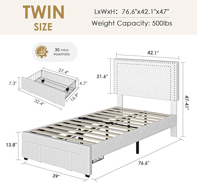 VECELO Twin Size Upholstered Bed Frame with Storage Drawer, Adjustable Velvet Rivet Decor Headboard, Wooden Slats Platform Support, No Box Spring Needed, Easy Assembly,White