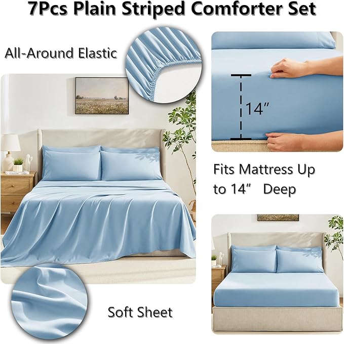 CozyLux Oversized Queen Comforter Sets Baby Blue, 7 Pieces Bed in a Bag, Ultra-Soft All Season Bedding Sets with Stitch Quilted Comforter, Flat Sheet, Fitted Sheet, Pillowcases