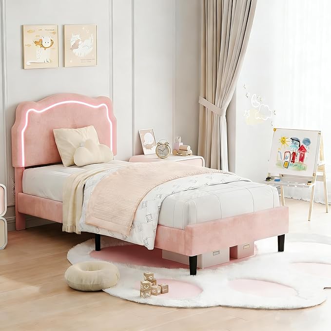 GarveeHome Twin Upholstered Smart LED Bed Frame with Headboard, Velvet Princess Platform Bed Frame for Kids, Wooden Slats Support, No Box Spring Needed (Rose)