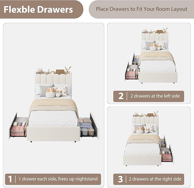 Garvee LED Twin Size Bed Frame with Storage Headboard, Kids Bed Frame with 2 Drawers, Boucle Upholstered Platform Bed for Girls, Chic Wavy Headboard with Bookcase, No Box Spring Needed, White
