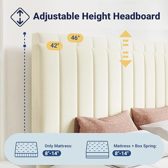 Allewie Full Size Storage Bed Frame, Vertical Channel Tufted Adjustable Headboard, Velvet Upholstered Platform Bed with 4 Oversized Underbed Drawers, Wooden Slats Support, No Box Spring Needed, Cream