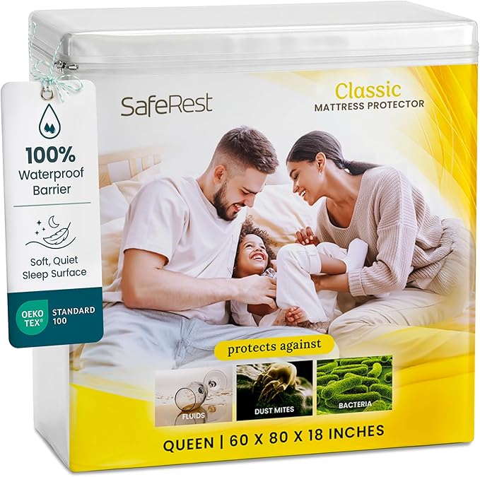 SafeRest Waterproof Mattress Protector Queen Size – Absorbent Breathable Soft Fitted Bed Cover with 18" Deep Stretchable Pockets – Machine Washable Queen Mattress Cover