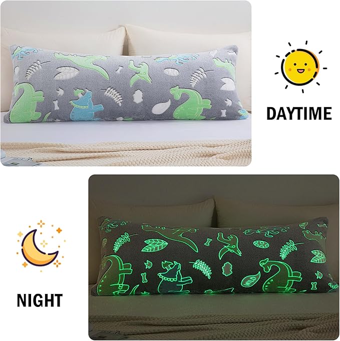 HOMBYS Glow in The Dark Body Pillow Cover, Soft Velvet Fluffy Bed Pillow Case, Fuzzy Long Pillowcase for Kids Boys Childern, Plush Decorative Throw Pillow Cover, 21x54 Inches, Green Grey