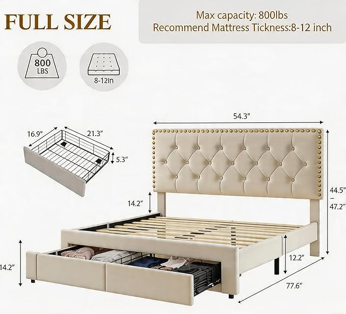 Garvee Full Size Bed Frame with 2 Storage Drawers, Vintage Velvet Headboard Bedframe with upholstered Platform, Wooden Slat Support, Noise Free, No Box Spring Needed, Beige