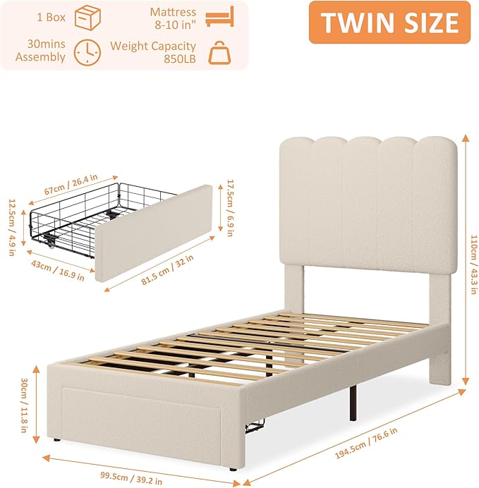 GarveeHome Twin Bed Frame with Under-Bed Drawer, Upholstered Platform Bed with Wave Headboard for Kids/Girls, Wooden Slats Support, No Box Spring Needed, Boucle White