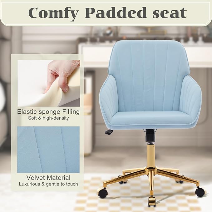 Velvet Vanity Chair with Wheels, Height Adjustable Swivel Makeup Chair, Armless Small Desk Chair for Bedroom/Office/Vanity Table, 250 lbs Capacity (Velvet, Blue-2)