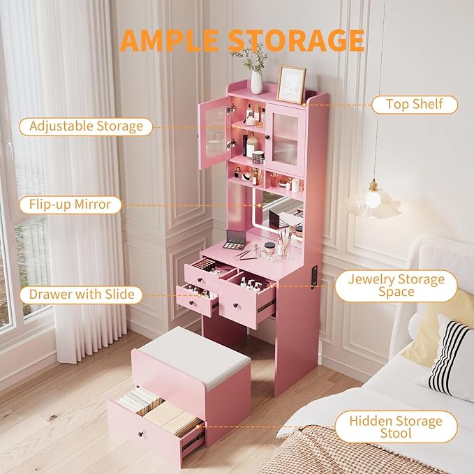 3-in-1 Make Up Vanity Desk with Mirror & Lights, Compact Vanity Table with Drawers, Storage Compartment and Rolling Stool, Modern Small Makeup Vanity and Storage Chair for Bedroom, Powder Room