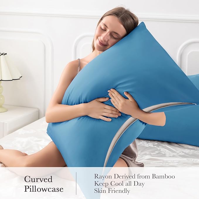 Curved Pillow Case Queen Size, Side Sleeper Pillow Cases Cover Cooling Rayon Derived from Bamboo with Zipper for hot Sleepers Hair and Skin, Breathable Silky Soft Pillowcase 1 Pack 20 * 30 Inches