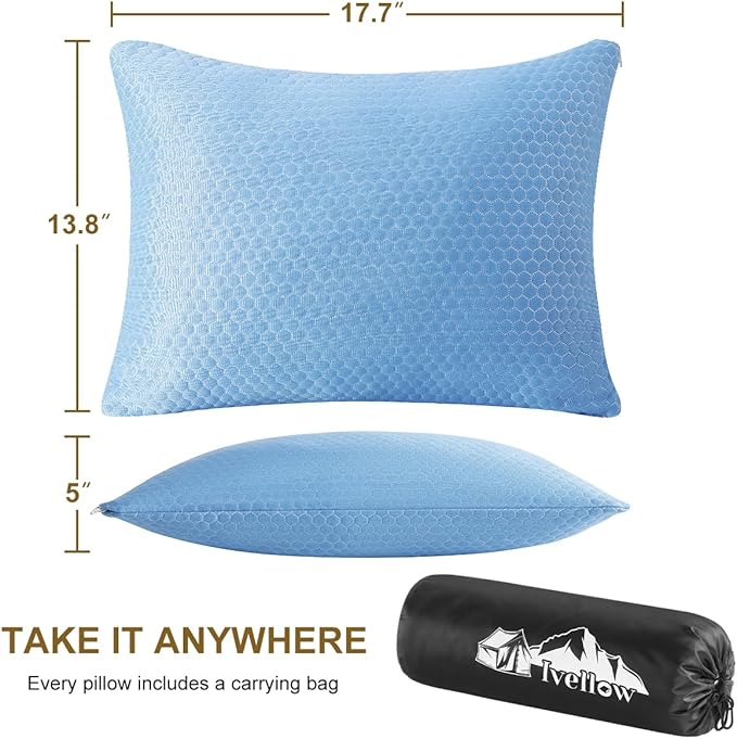 Ivellow Travel Pillow Camping Pillow for Sleeping Cooling Shredded Memory Foam Pillow Compressible Compact Medium Firm,Breathable Soft Cover,Ideal Outdoor Car Backpacking Hiking Essential Gear Blue S