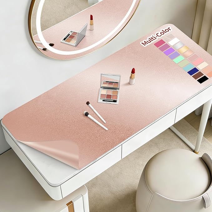 Makeup Mat for Vanity to Protect Desk Top 23.6 x 11.8in, Dual-Sided Makeup Mat, Easy to Clean Desk Pad - Waterproof and Oilproof Vanity Accessories (Rose Gold and Pink)