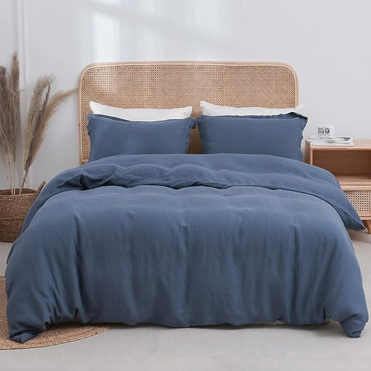 Simple&Opulence 100% Linen Duvet Cover Set 3pcs Basic Style Natural French Washed Flax Solid Color Soft Breathable Farmhouse Bedding with Button Closure - Classic Blue, Full