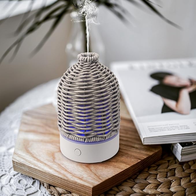 VICTORIA AROMA Essential Oil Diffuser - Multifunction Aromatherapy Diffuser 7 LED Color Changing Light 100ML Rattan Diffuser Easy to Clean Suitable for Home,Office (Grey)