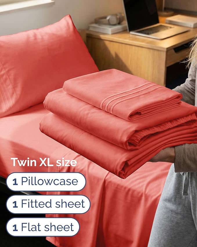 Twin XL Size 3 Piece Sheet Set - Comfy Breathable & Cooling Sheets - Hotel Luxury Bed Sheets for Women & Men - Deep Pockets, Easy-Fit, Extra Soft & Wrinkle Free Sheets - Coral Oeko-Tex Bed Sheet Set