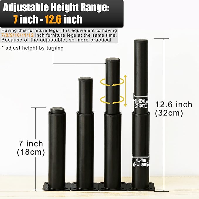 Metal Adjustable Furniture Legs 7-12.6 inch, Wlrrcwdttc Bed Support Legs Adjustable Height Cabinet Legs for Bed Frame/Sofa/Dresser/Couch/Chair/Table,Bed Replacement Legs Bed Center Slats Legs Set of 4