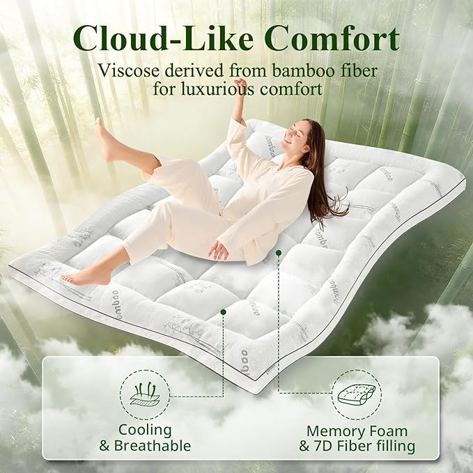Memory Foam Mattress Topper - Viscose Made from Bamboo Pillow Top Thick California King Size Mattress Pad for Back Pain, Ultra Soft & Cooling for Hot Sleepers, 6-18'' Deep Pocket, White