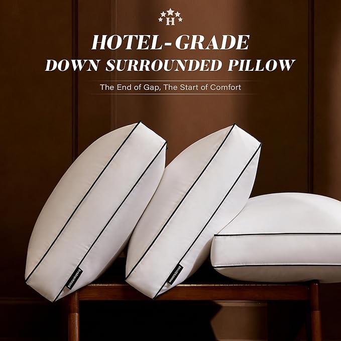 Firm Goose Feather Down Pillow Standard Size Set of 2, Down Surrounded Hotel Collection Bed Pillows for Sleeping with Gusset, 2 Pack, Fluffy Plush for Side Sleepers 20x26 in.