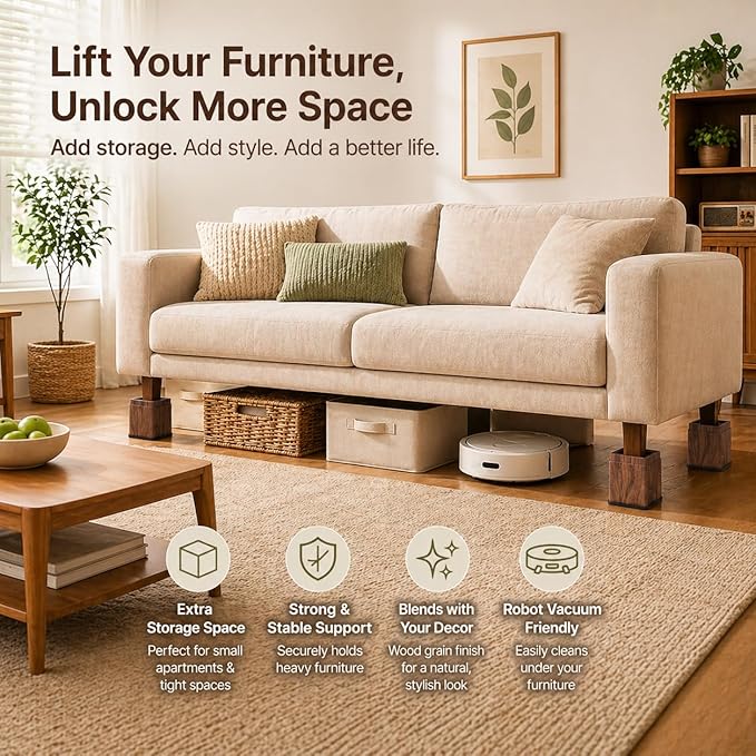 BTSD-home 3 Inch Wood Bed Risers Furniture Risers Bed Frame Lifters in Heights of 3 or 6 Inch Heavy Duty Set of 8 Square