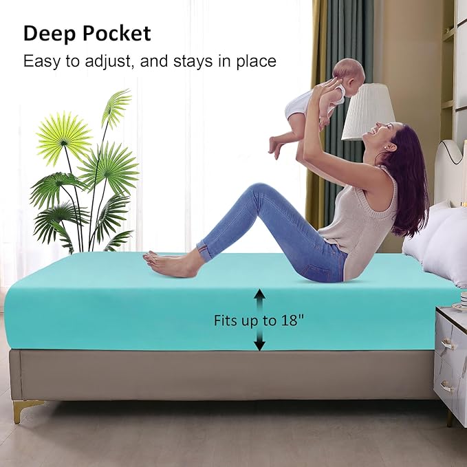 Waterproof Mattress Protector King, Fitted Sheet Style Breathable Mattress Cover with Deep Pocket Fits Up to 18'', Noiseless Bed Cover for Kids Adults Pets, Machine Washable (Cyan, 76'' X 80'')