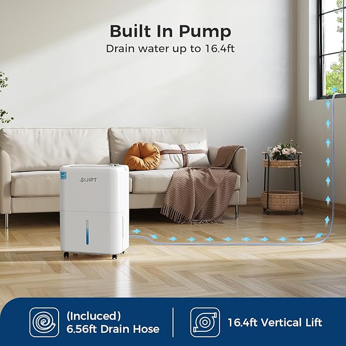 80 Pints Dehumidifier with Pump, Sijipt Energy Star Dehumidifier for Basement Home and Large Room with 6.56 inch Drain Hose, Auto-Shutoff 24H Timer, and Memory Starting