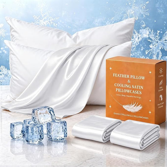 BHZ White Satin Goose Down Feather Pillows Queen Size Set of 2 with Pillowcase for Hair and Skin, Cooling Pillow Cases Similar to Silk Pillow Cases, Decorative for Women, Mom Men
