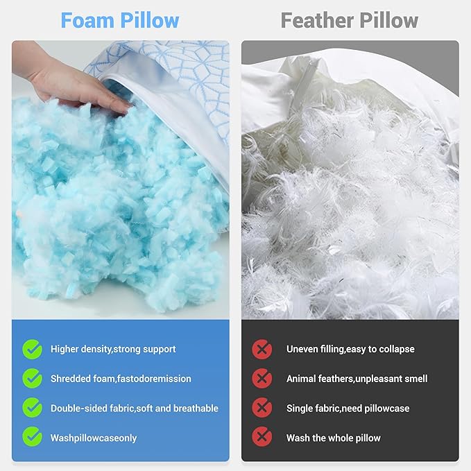 puredown® Pillows Queen Size Set of 2, Cooling Pillow Queen Size 2 Pack, Adjustable Shredded Memory Foam Pillows for Side Back Stomach Hot Sleepers, Ice Blue