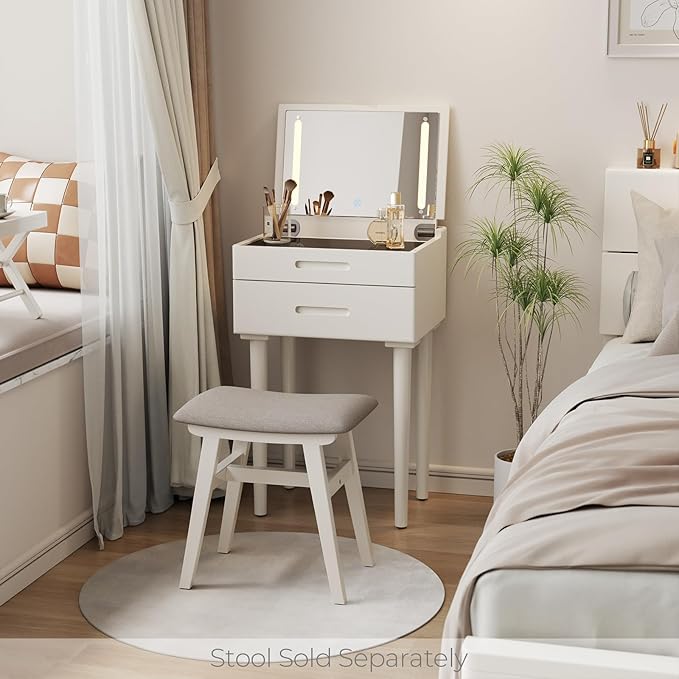 Muwuele Solid Wood Small Vanity Desk with Mirror and Lights, Narrow Makeup Vanity for Small Space, Flip Top Vanity Side Table, 3 Color Modes & Adjustable Brightness, 19.6" Slim Dressing Table, White