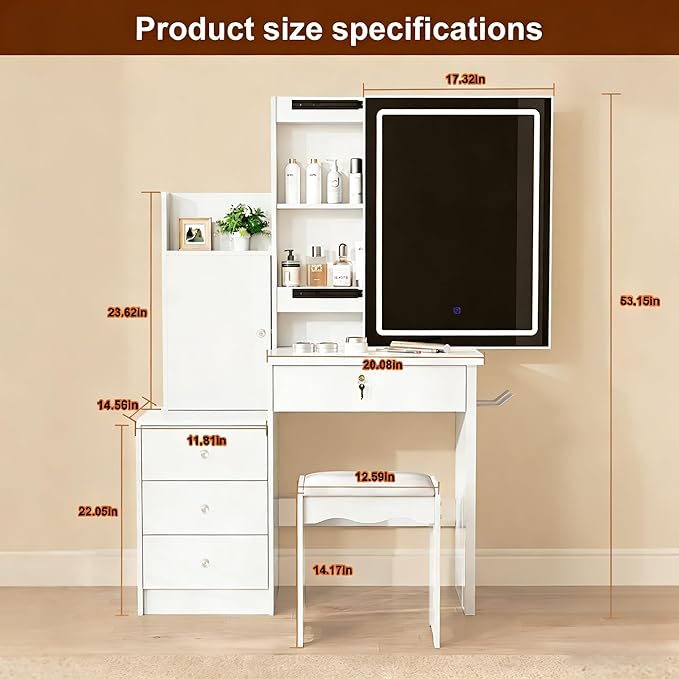 Casaphoria 31.5 Inch White Vanity Desk with Lighted Mirror & Storage – Makeup Dressing Table with 4 Drawers, 9 Compartments, Hidden Storage & Stool for Women Girls Bedroom