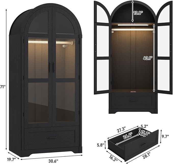 chartustriable 2 Doors Arched Armoire Wardrobe Closet w/Drawers,LED Light,Wooden Closet Wardrobe Cabinet with Hanging Rod for Bedroom,Modern Armoire Storage Cabinet w/Shelf,Black