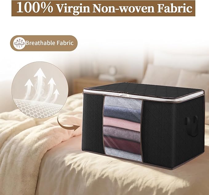 90L Clothes Blanket Storage Bags, 6 Pack Under Bed Storage Bins with Lids, Foldable Closet Organizer with Reinforced Handles for Clothing, Blanket, Comforters, Bed Sheets, Pillows and Toys, Black